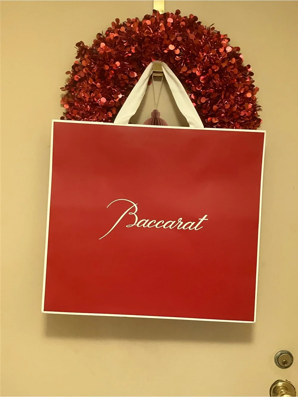 Baccarat Red Tote with White Script Logo 20 x 18 x 9.5” NEW❤️❤️